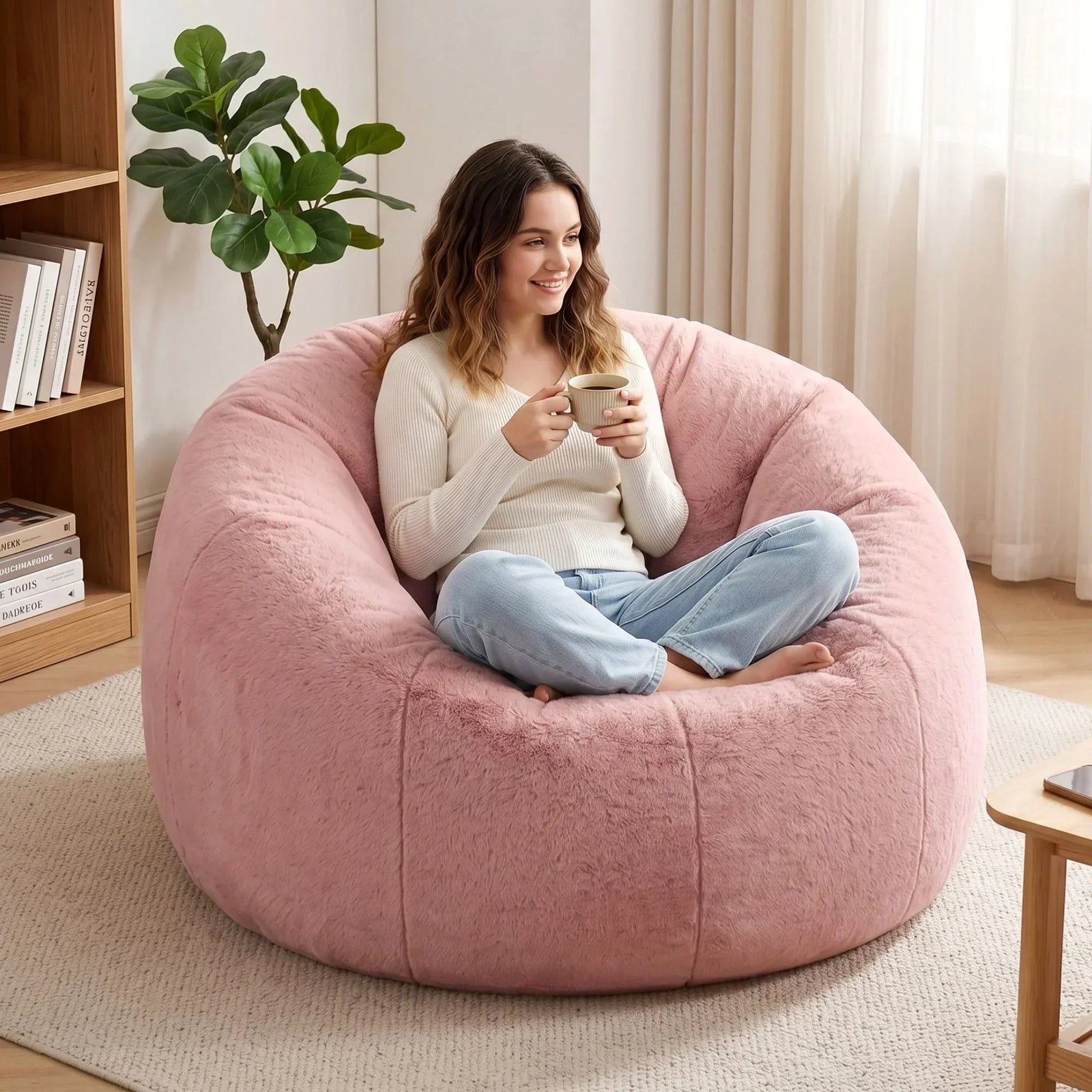 Artiss Faux Fur Bean Bag Cover – Large 107cm, Pink, Soft, Washable, No Filling