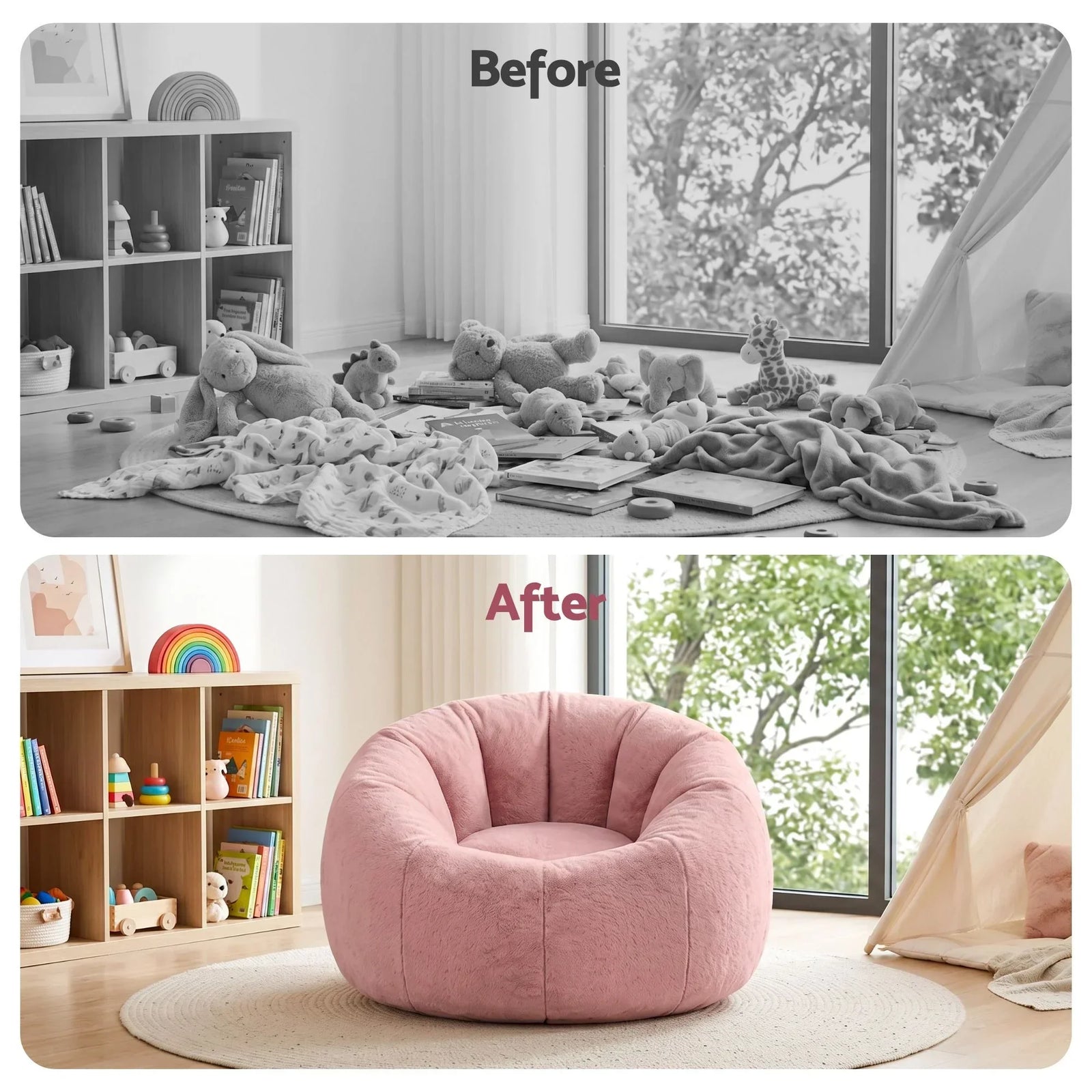 Artiss Faux Fur Bean Bag Cover – Large 107cm, Pink, Soft, Washable, No Filling