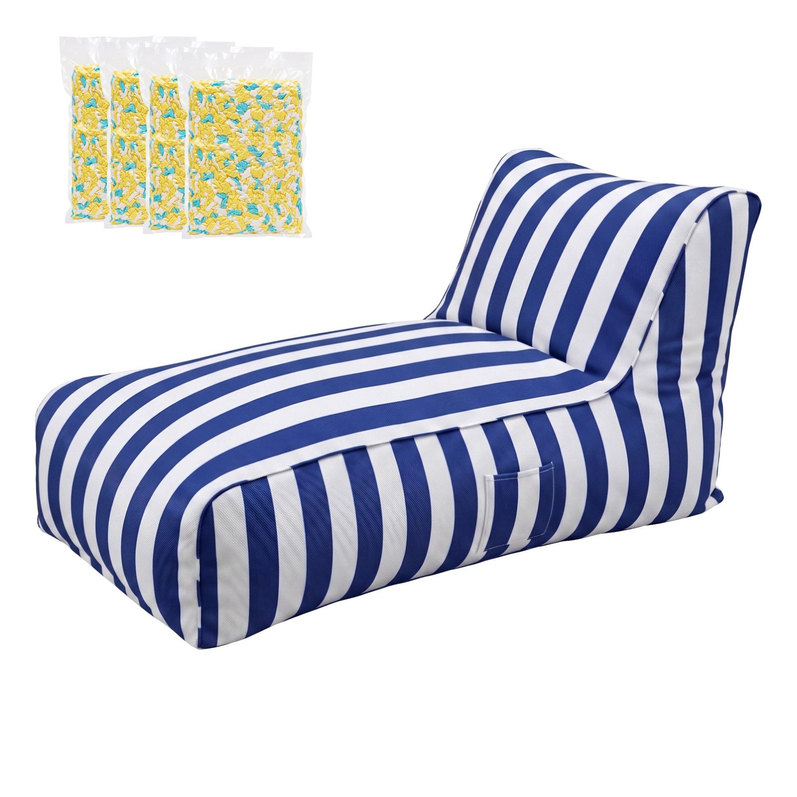 Indoor/Outdoor Bean Bag Chair – Memory Foam, L‑Shape Support, Blue/White