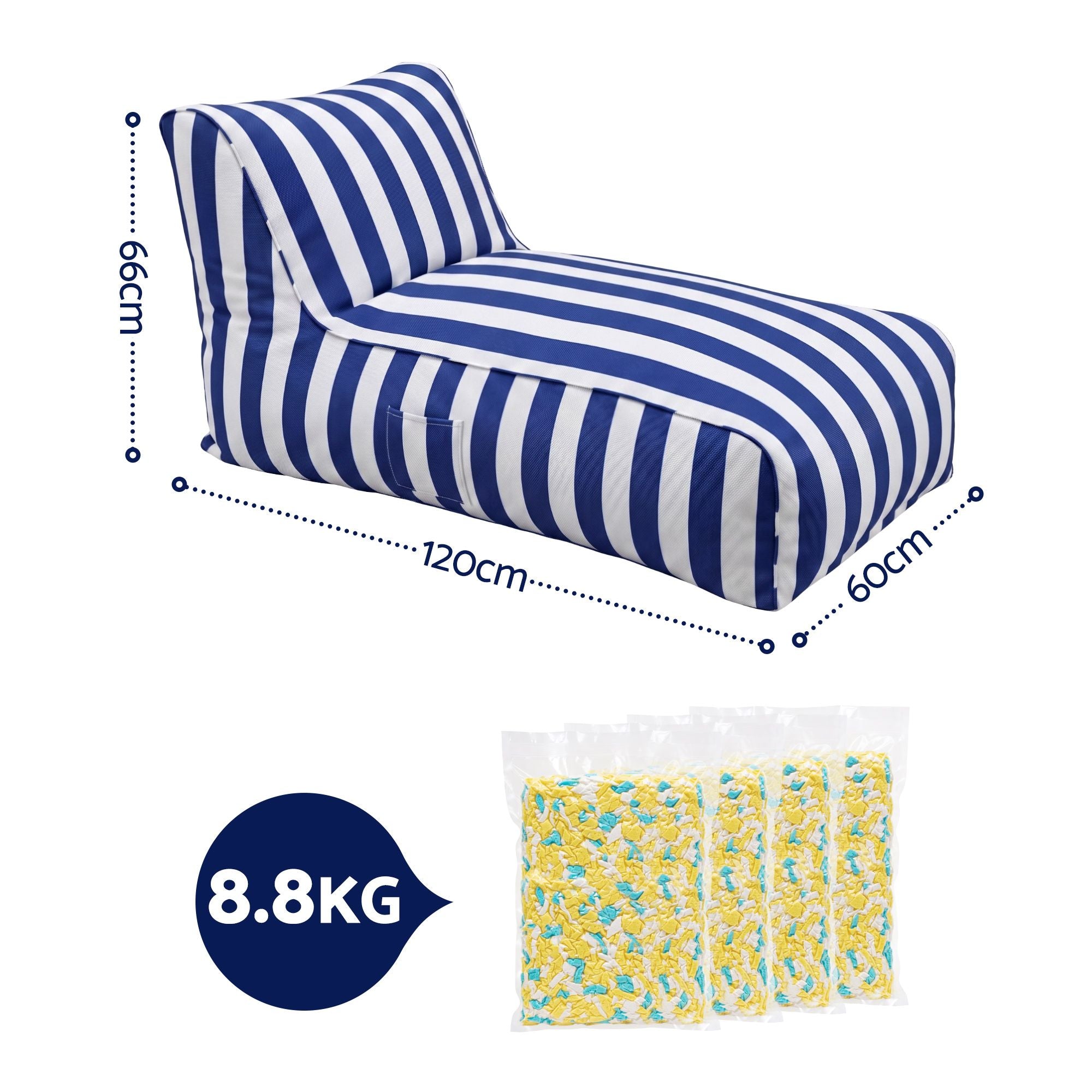 Indoor/Outdoor Bean Bag Chair – Memory Foam, L‑Shape Support, Blue/White