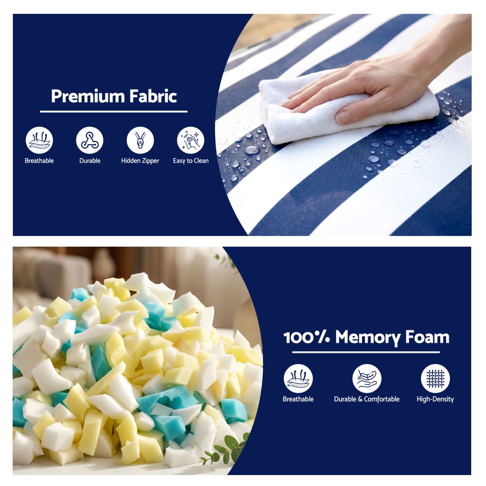 Indoor/Outdoor Bean Bag Chair – Memory Foam, L‑Shape Support, Blue/White