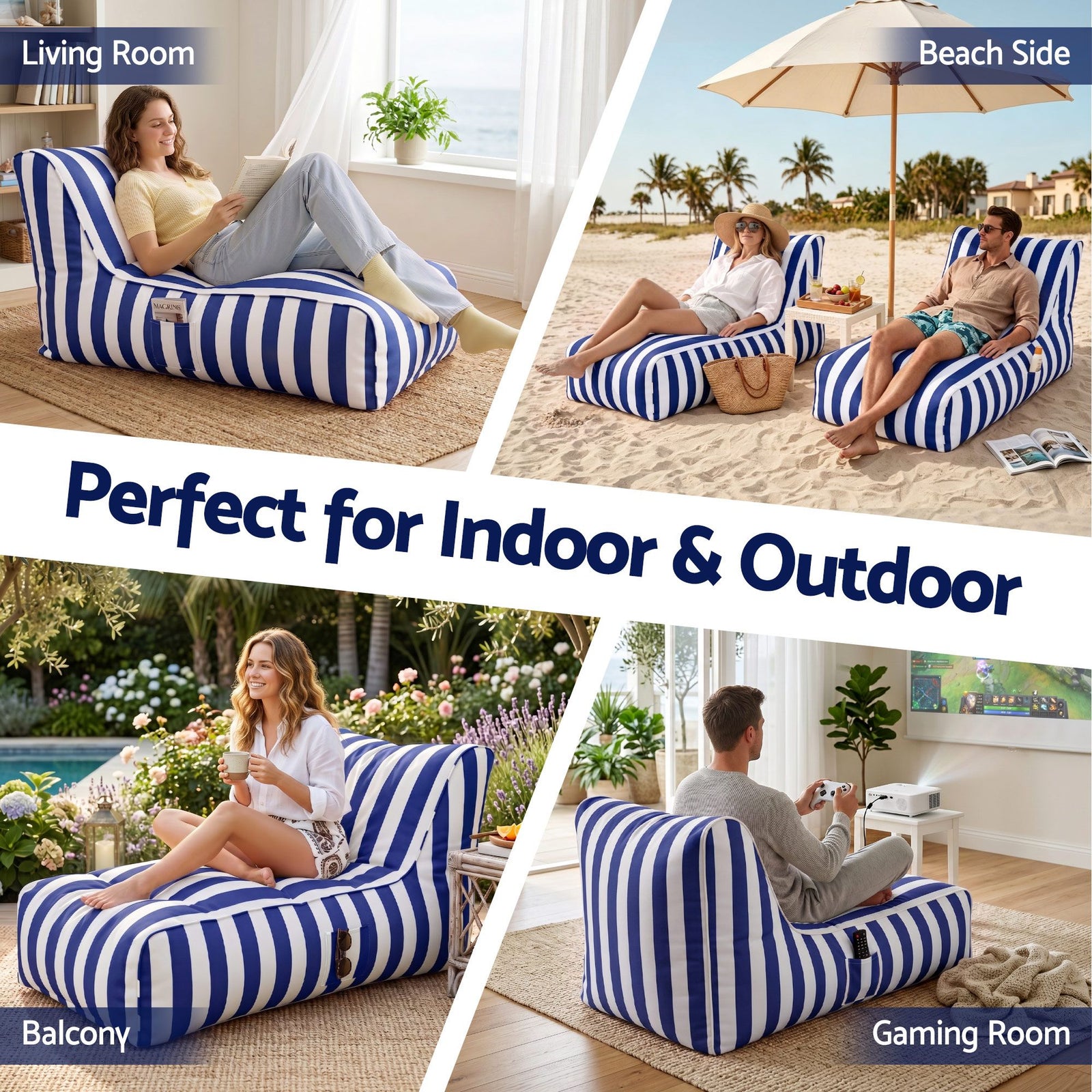 Indoor/Outdoor Bean Bag Chair – Memory Foam, L‑Shape Support, Blue/White