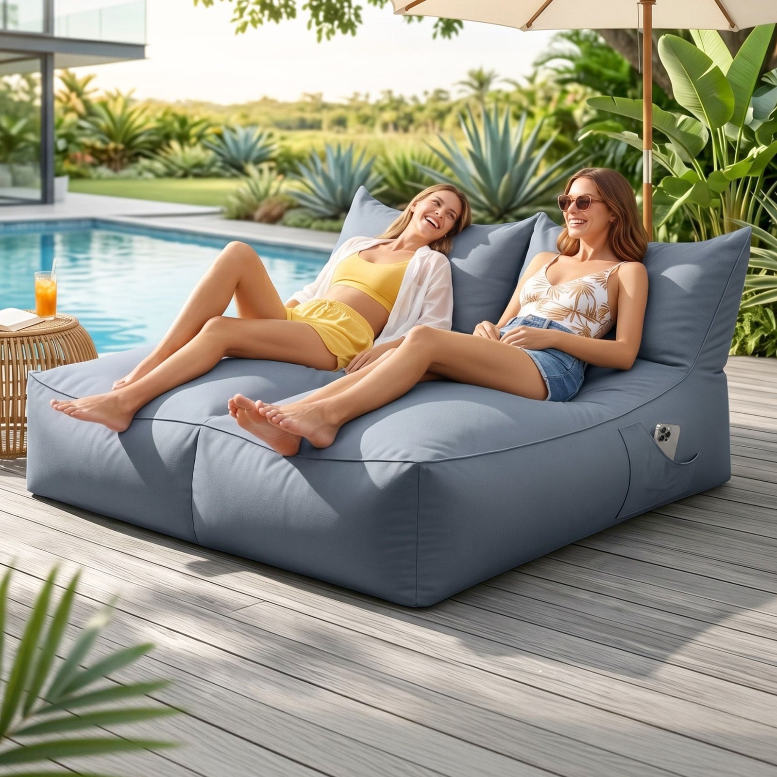 Outdoor Bean Bag Chair with Filler 2 Seater Beanbag Lounge Adults Splash-Proof Large Bean Bag Cover with Filling for Patio Poolside Relaxing Indoor, Grey
