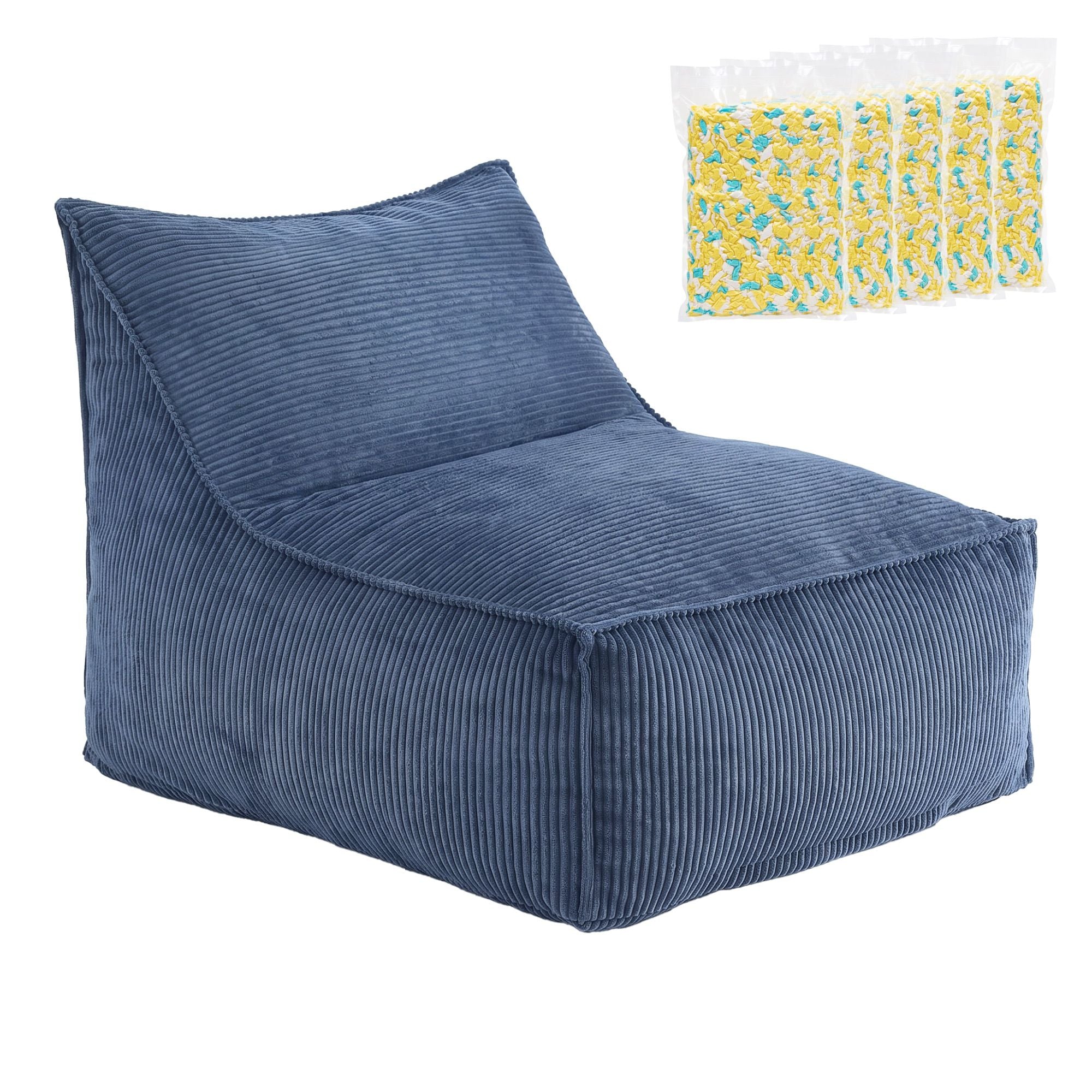 L‑Shape Corduroy Bean Bag – Memory Foam, Supportive Seating, Blue