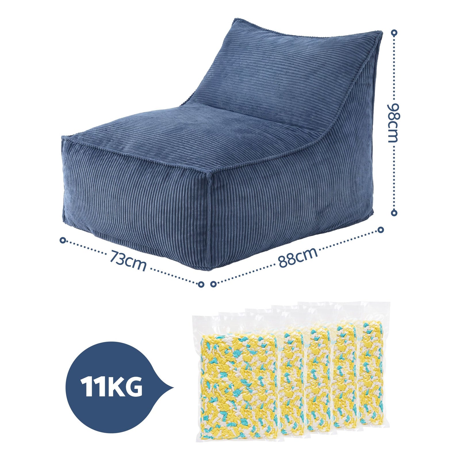 L‑Shape Corduroy Bean Bag – Memory Foam, Supportive Seating, Blue