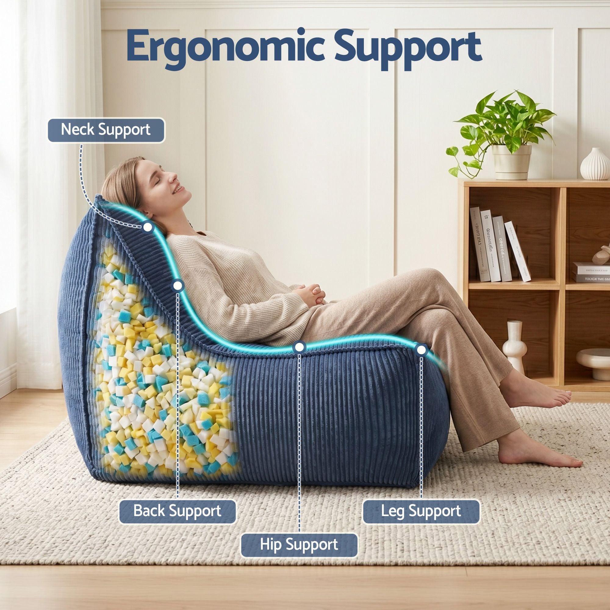 L‑Shape Corduroy Bean Bag – Memory Foam, Supportive Seating, Blue