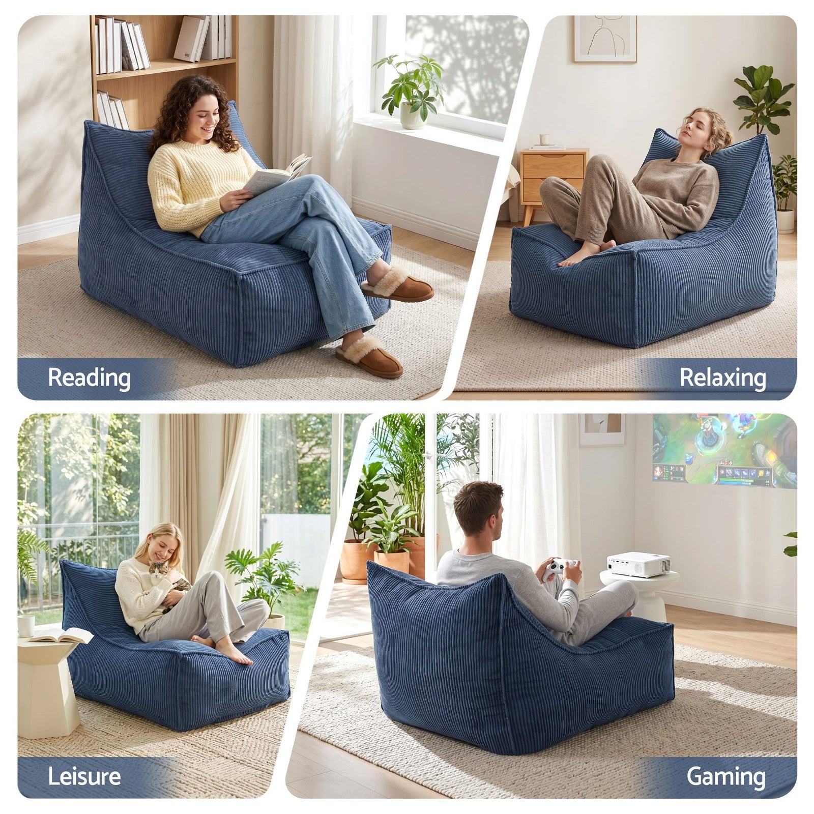 L‑Shape Corduroy Bean Bag – Memory Foam, Supportive Seating, Blue