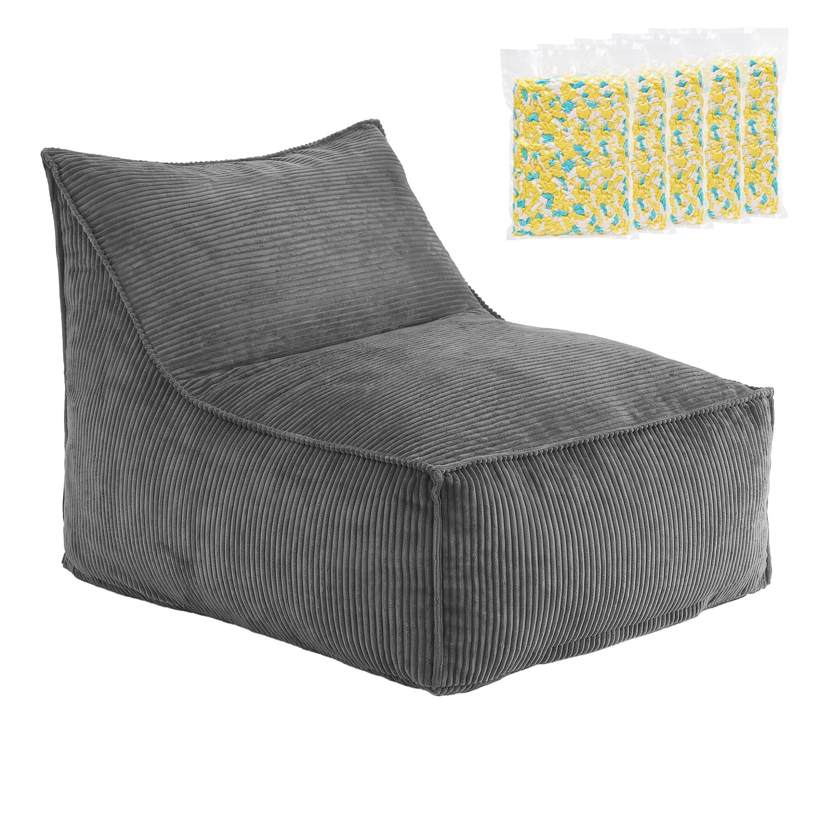 L‑Shape Corduroy Bean Bag – Memory Foam, Supportive Seating, Grey