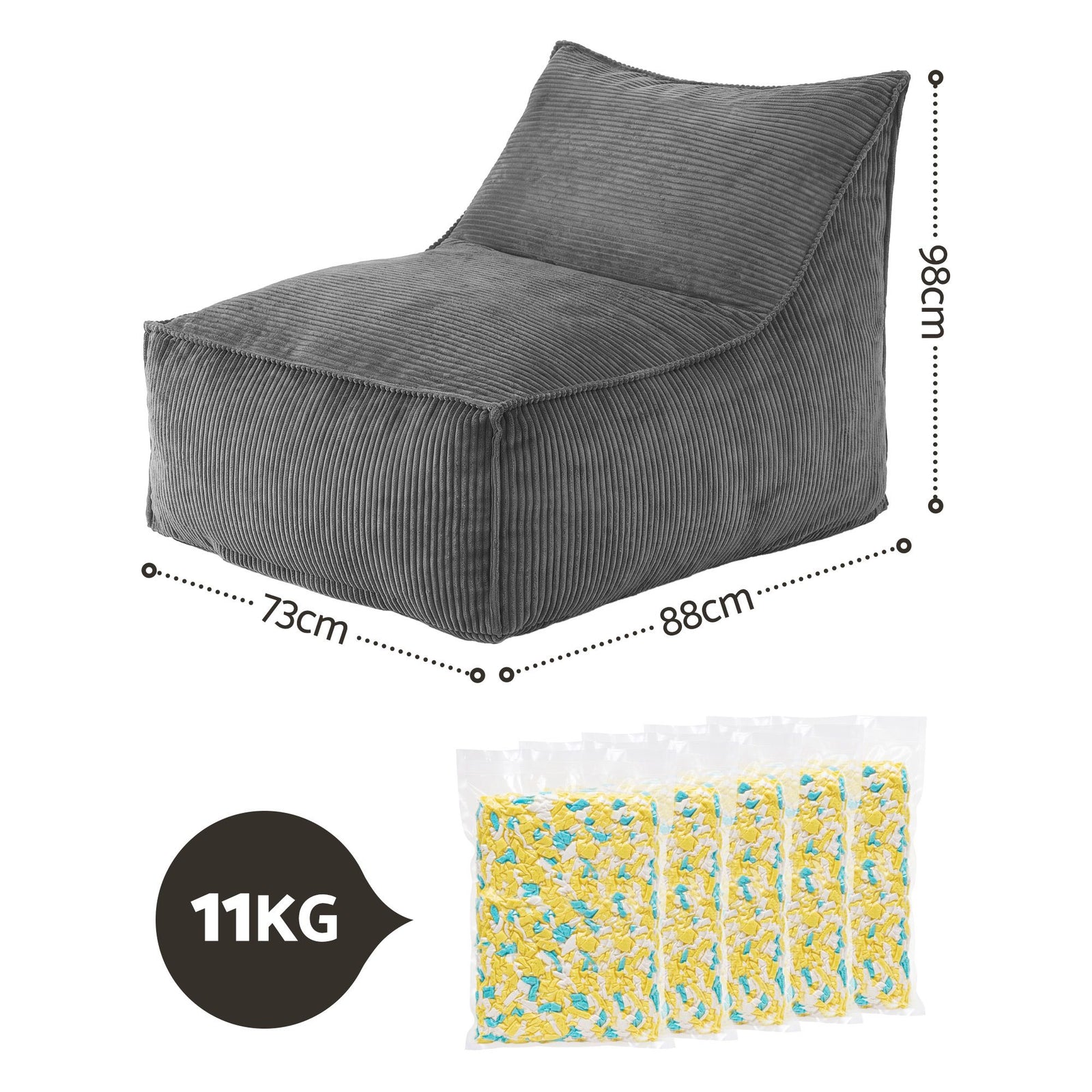 L‑Shape Corduroy Bean Bag – Memory Foam, Supportive Seating, Grey
