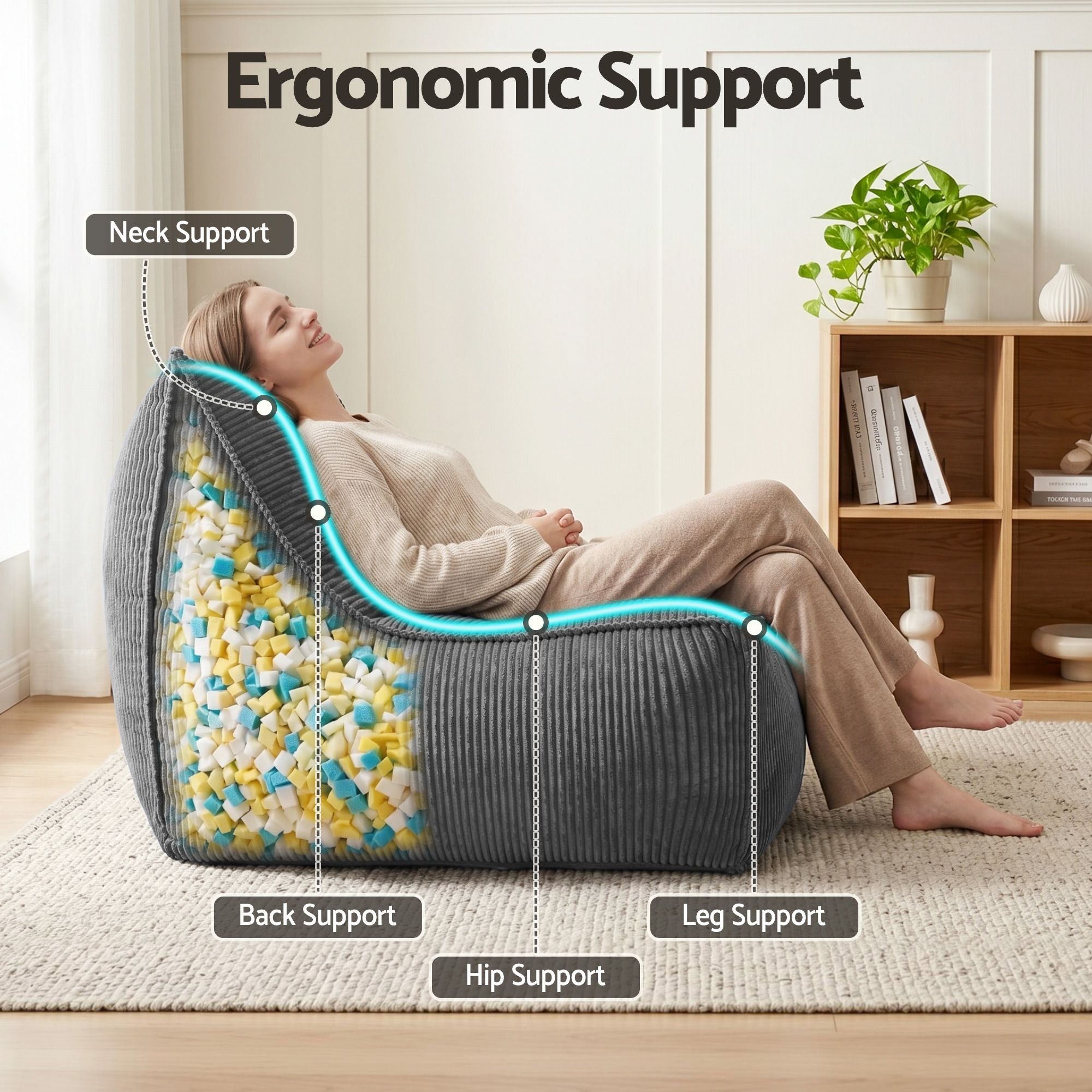 L‑Shape Corduroy Bean Bag – Memory Foam, Supportive Seating, Grey