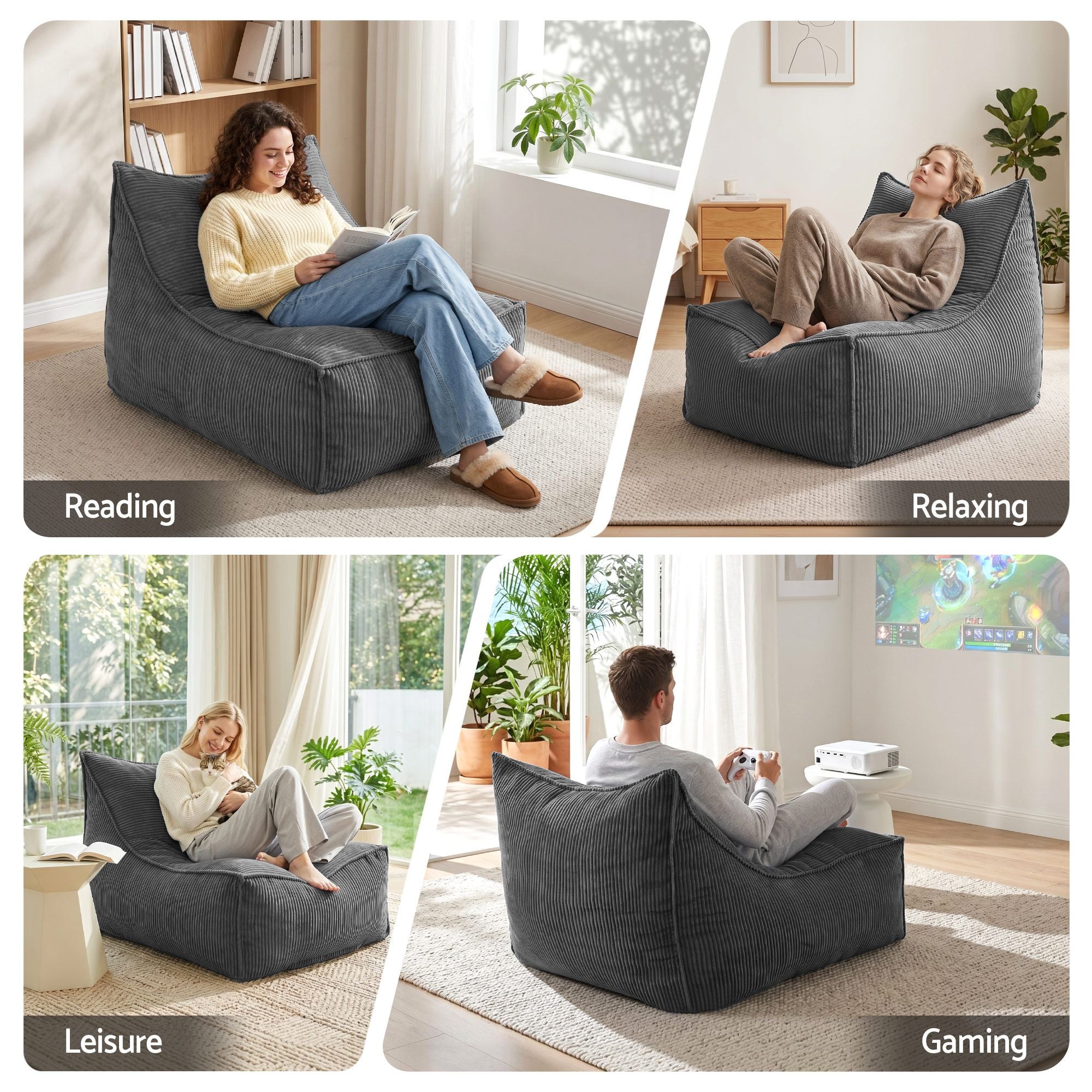 L‑Shape Corduroy Bean Bag – Memory Foam, Supportive Seating, Grey