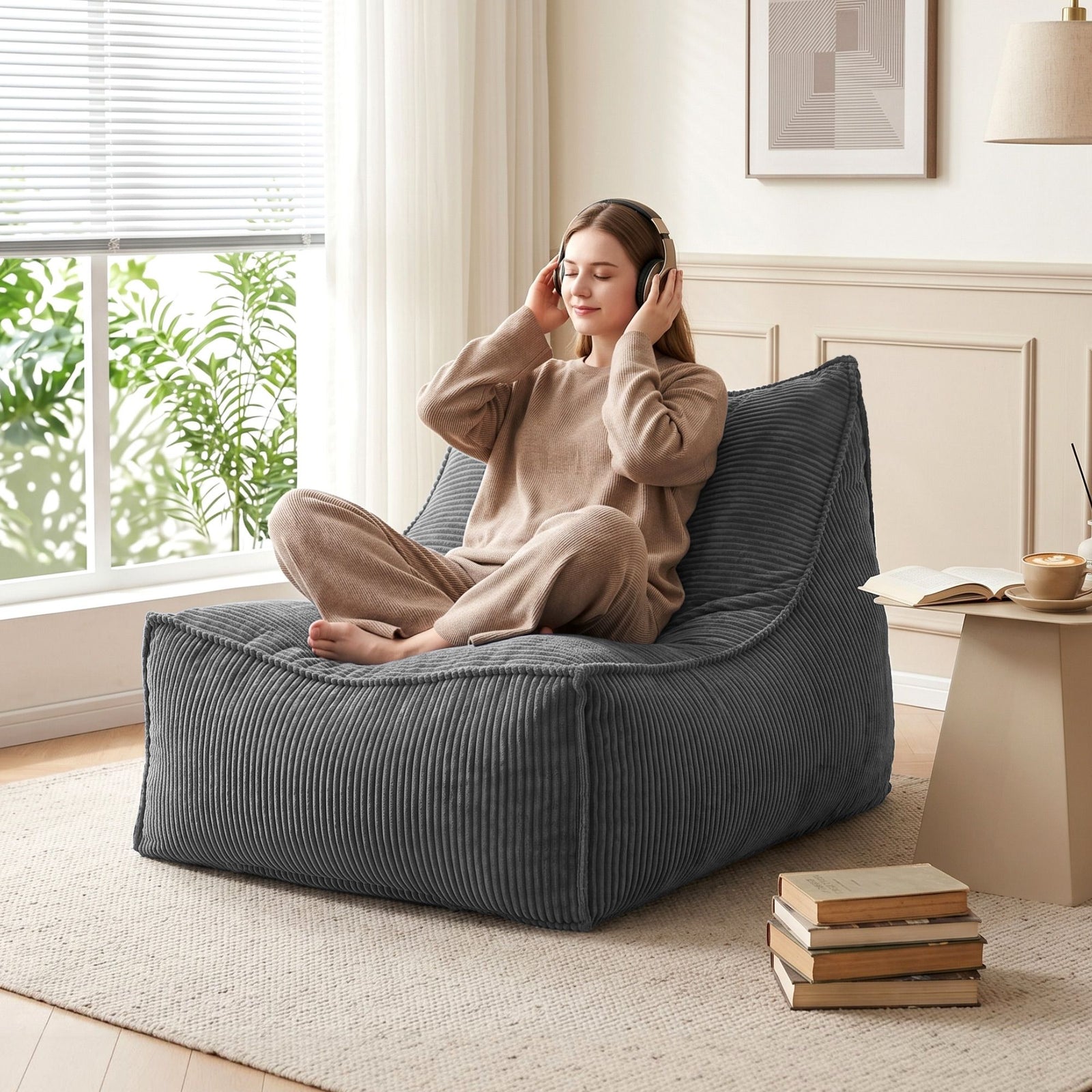 L‑Shape Corduroy Bean Bag – Memory Foam, Supportive Seating, Grey