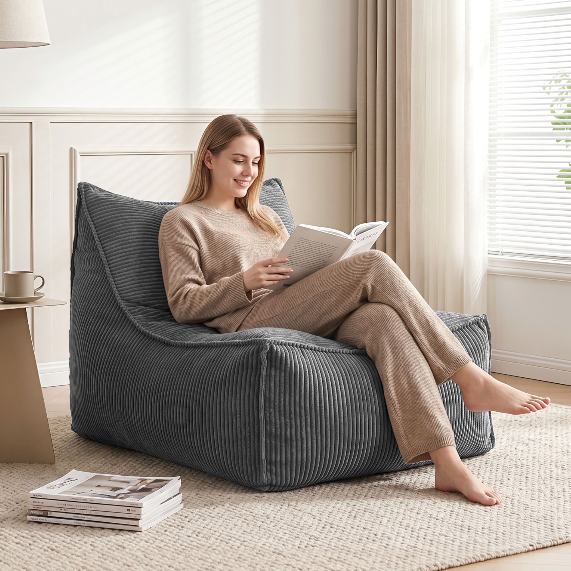 L‑Shape Corduroy Bean Bag – Memory Foam, Supportive Seating, Grey