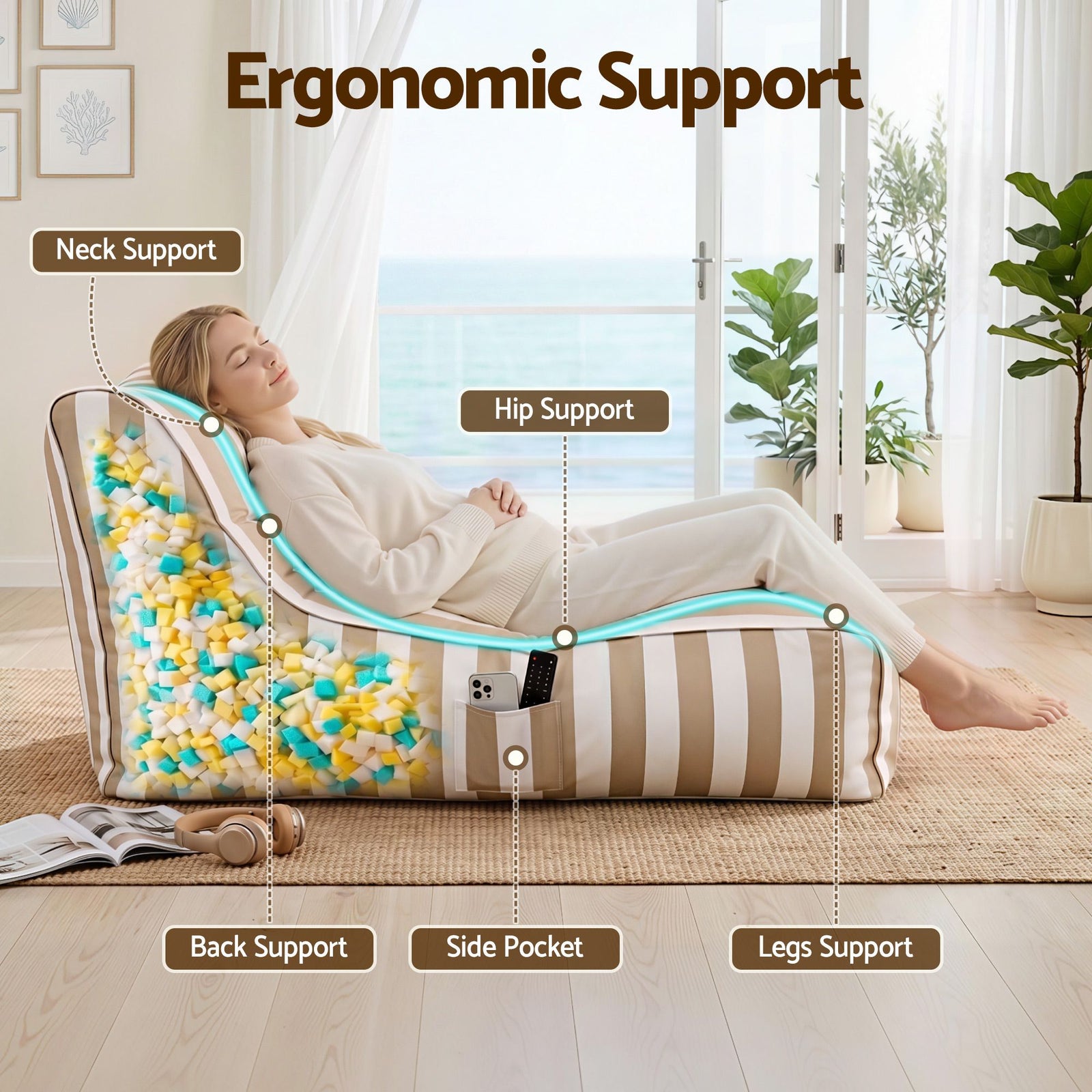Indoor/Outdoor Bean Bag Chair – Memory Foam, L‑Shape Support, Taupe/White