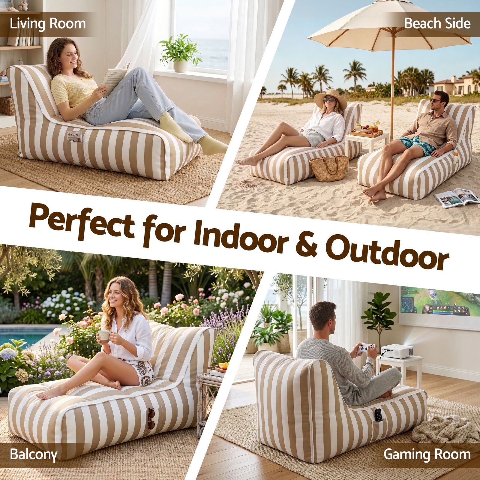 Indoor/Outdoor Bean Bag Chair – Memory Foam, L‑Shape Support, Taupe/White