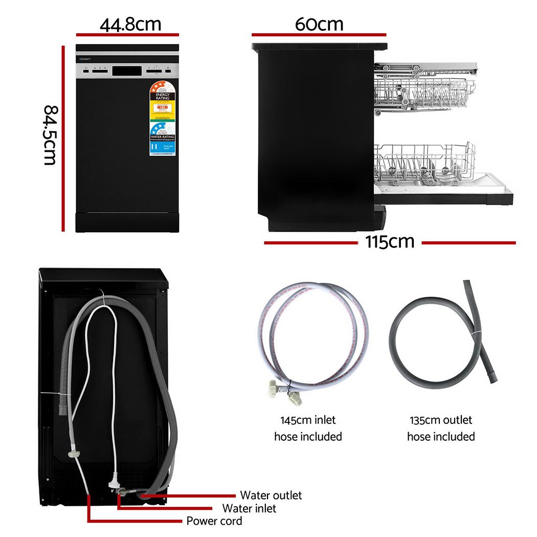 Freestanding Dishwasher 10‑Place – Black, 8 Programs, LED Display