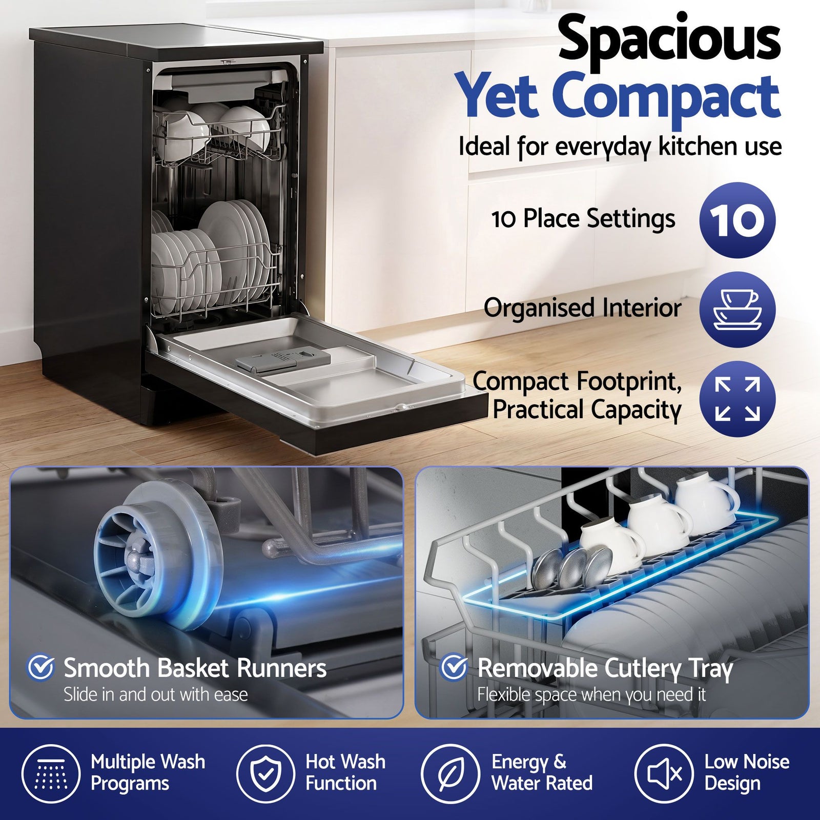 Freestanding Dishwasher 10‑Place – Black, 8 Programs, LED Display