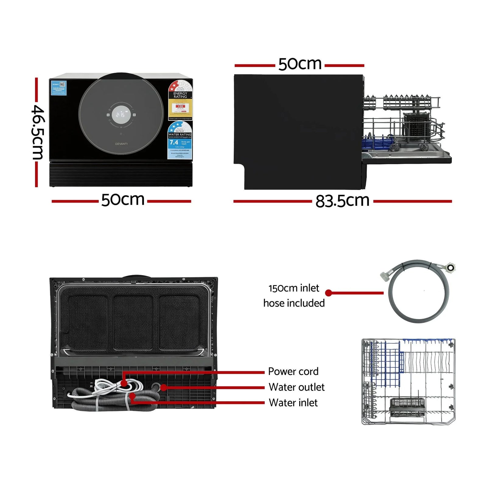 6‑Place Benchtop Dishwasher – Retro CD 50cm Black, 7 Programs, 3.5★ WELS