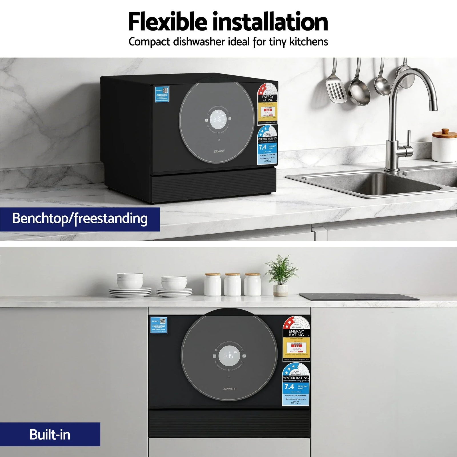 6‑Place Benchtop Dishwasher – Retro CD 50cm Black, 7 Programs, 3.5★ WELS