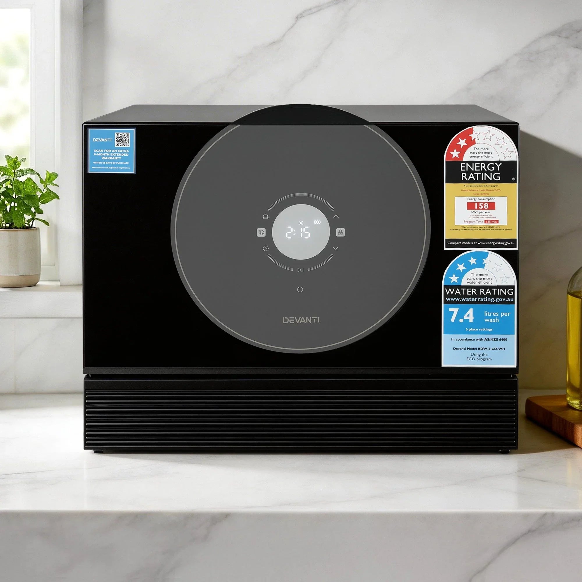 6‑Place Benchtop Dishwasher – Retro CD 50cm Black, 7 Programs, 3.5★ WELS