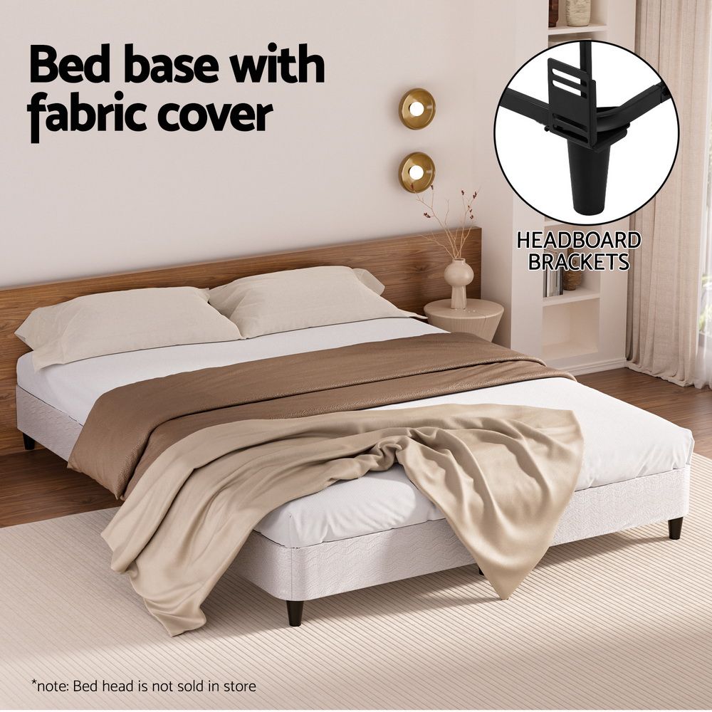 Double Size Metal Bed Frame Grey Fabric Upholstered Slatted Support 300KG MASON