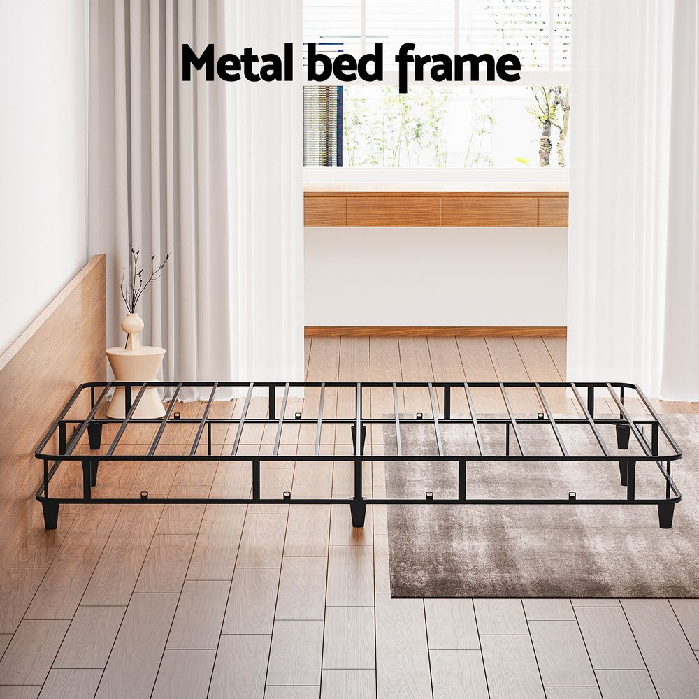 Double Size Metal Bed Frame Grey Fabric Upholstered Slatted Support 300KG MASON