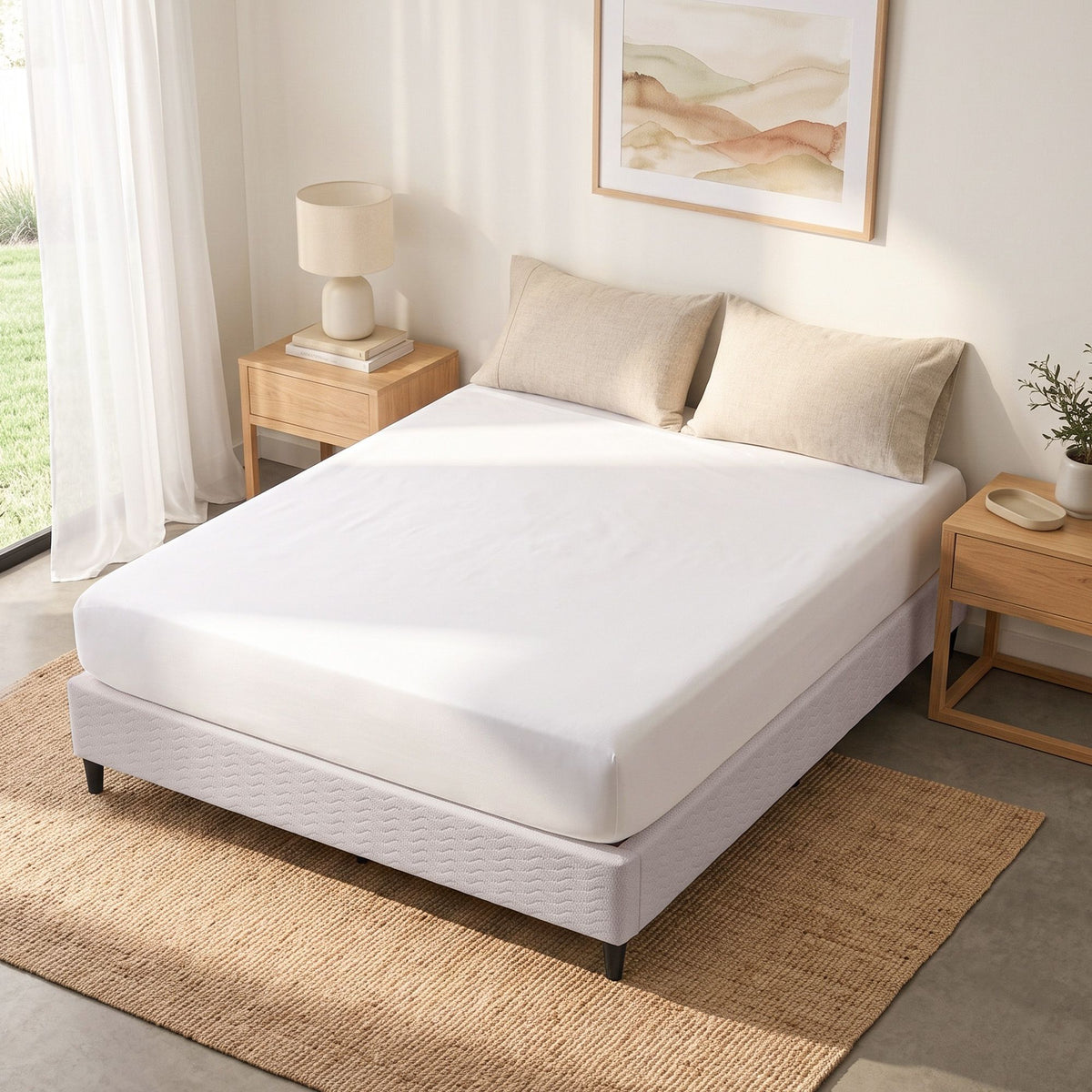 Queen Size Metal Bed Frame Grey Fabric Upholstered Slatted Support 300KG MASON