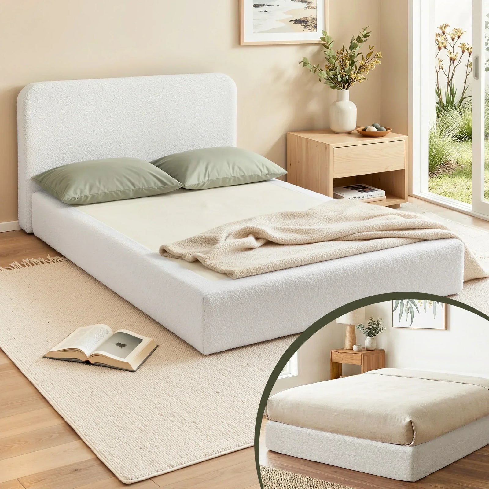 Compression Bed Frame Double Size No Assembly Vacuum High Density Sponge Boucle Cream White