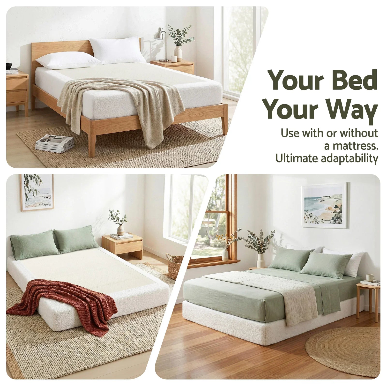 Compression Bed Frame Double Size No Assembly Vacuum High Density Sponge Boucle Cream White