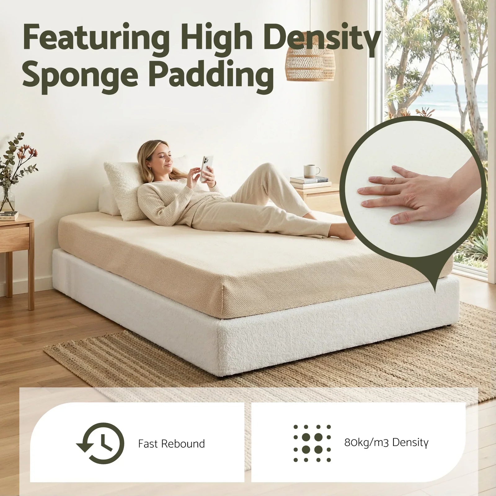 Compression Bed Frame Double Size No Assembly Vacuum High Density Sponge Boucle Cream White