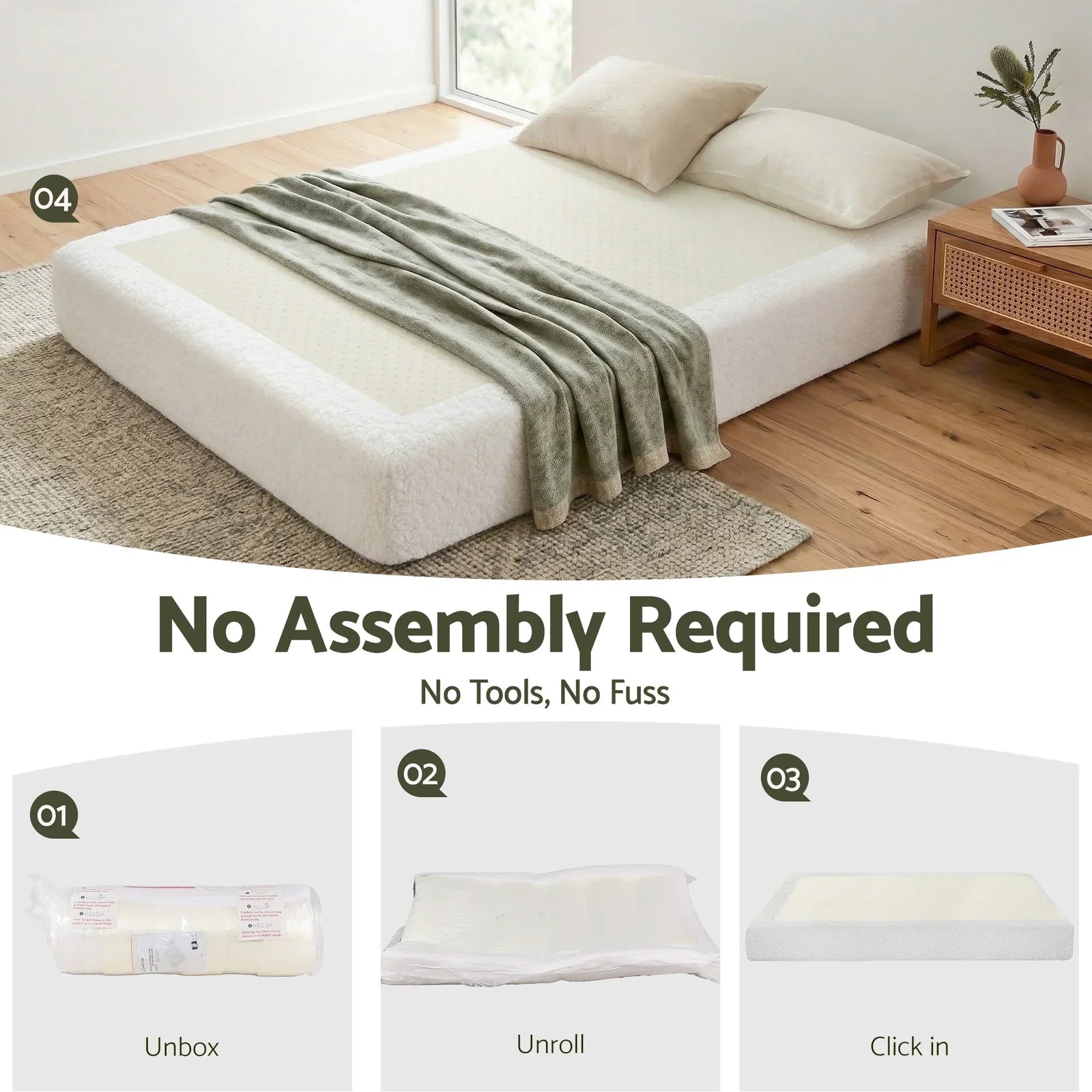 Compression Bed Frame Queen Size No Assembly Vacuum High Density Sponge Boucle Cream White