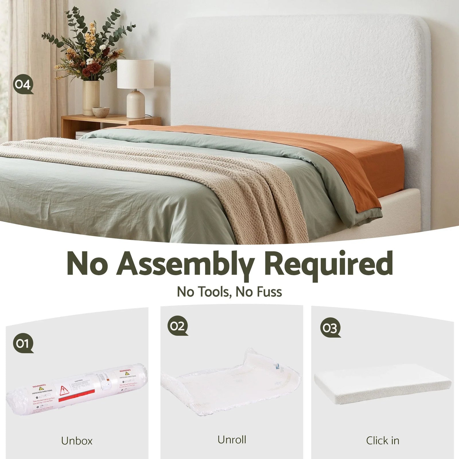Double Headboard for Bed Frame Boucle Fabric No-Assembly Vacuum Compressed Soft Backrest with Removable Washable Cover 155cm Wide