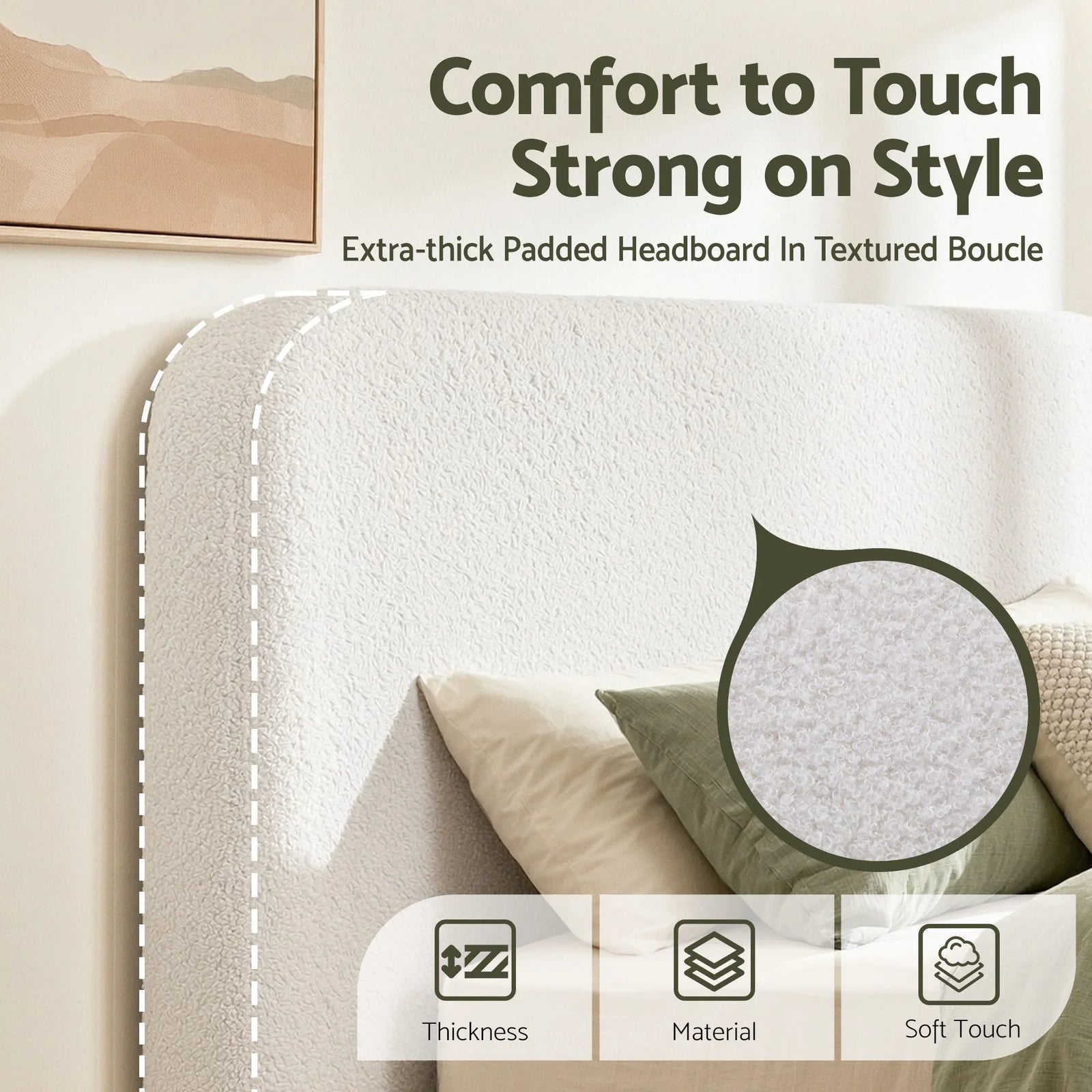 Double Headboard for Bed Frame Boucle Fabric No-Assembly Vacuum Compressed Soft Backrest with Removable Washable Cover 155cm Wide
