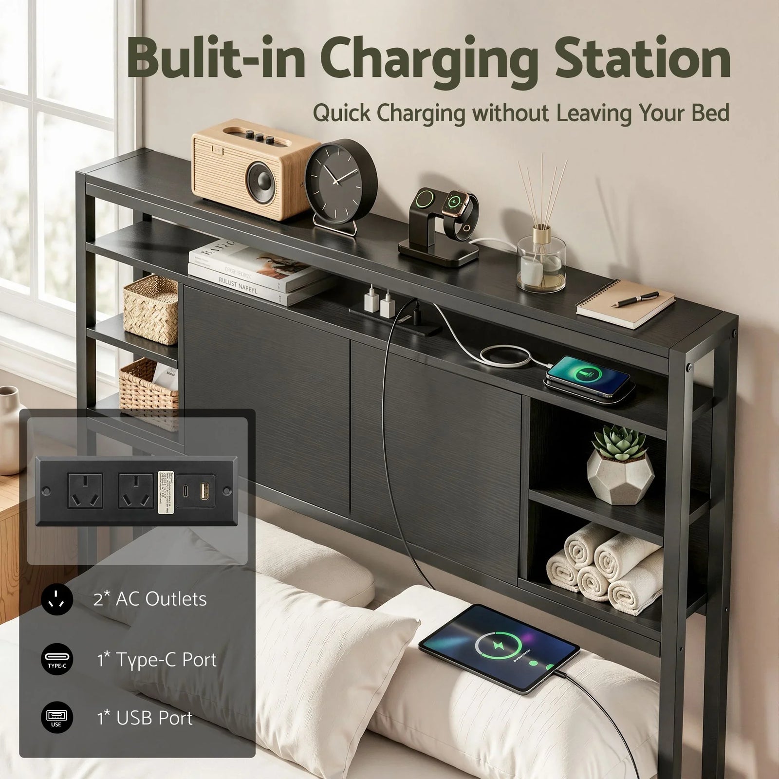 Bed Headboard King Single Storage Bedhead Charging Station Black