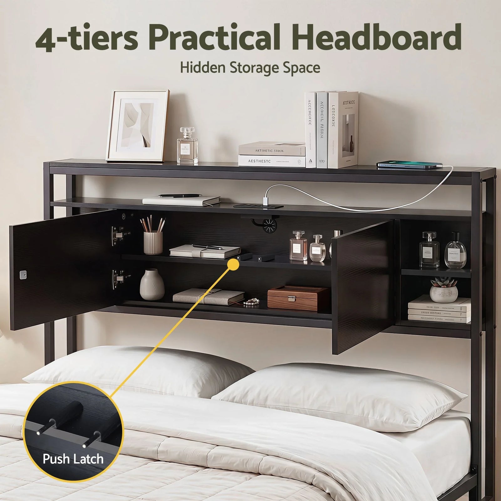 Bed Headboard Queen Storage Bedhead Charging Station Black