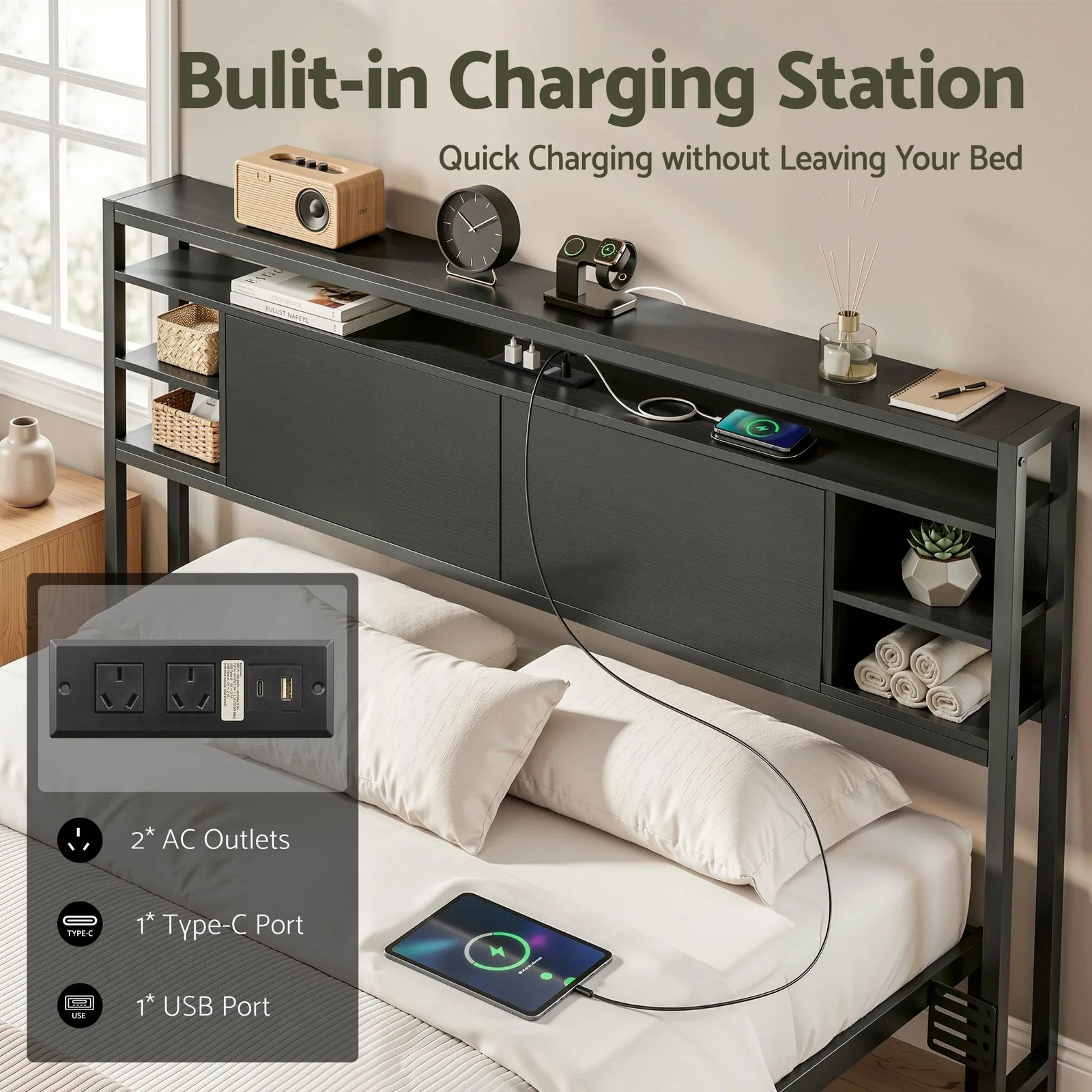Bed Headboard Queen Storage Bedhead Charging Station Black