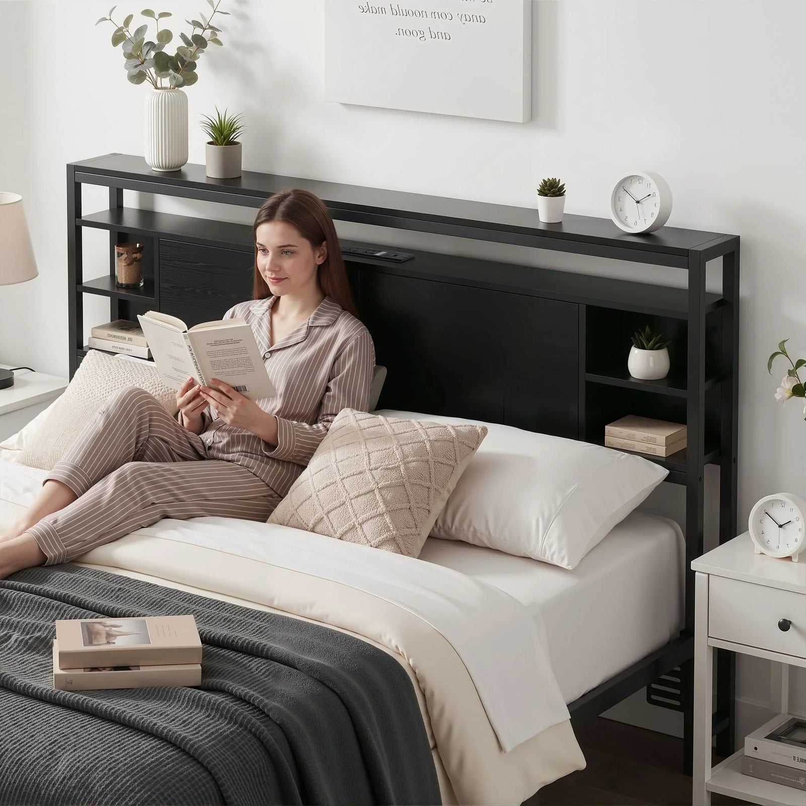Bed Headboard Queen Storage Bedhead Charging Station Black