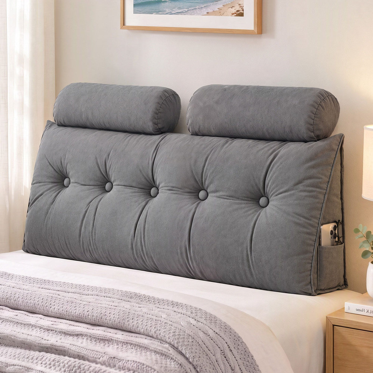 Artiss Headboard Pillow Double Wedge Backrest Triangular with 2 Cushions Grey