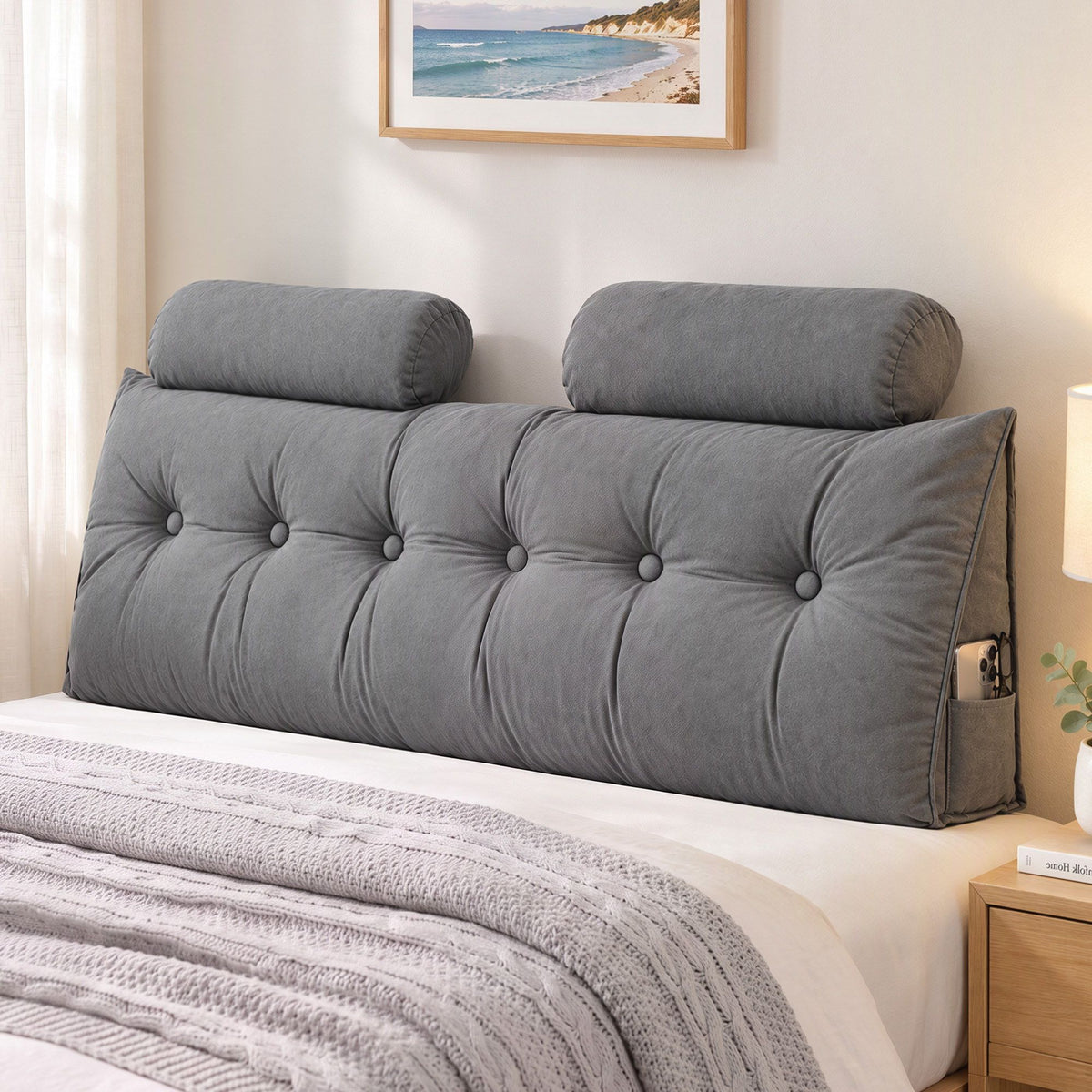 Artiss Headboard Pillow Queen Wedge Backrest Triangular with 2 Cushions Grey