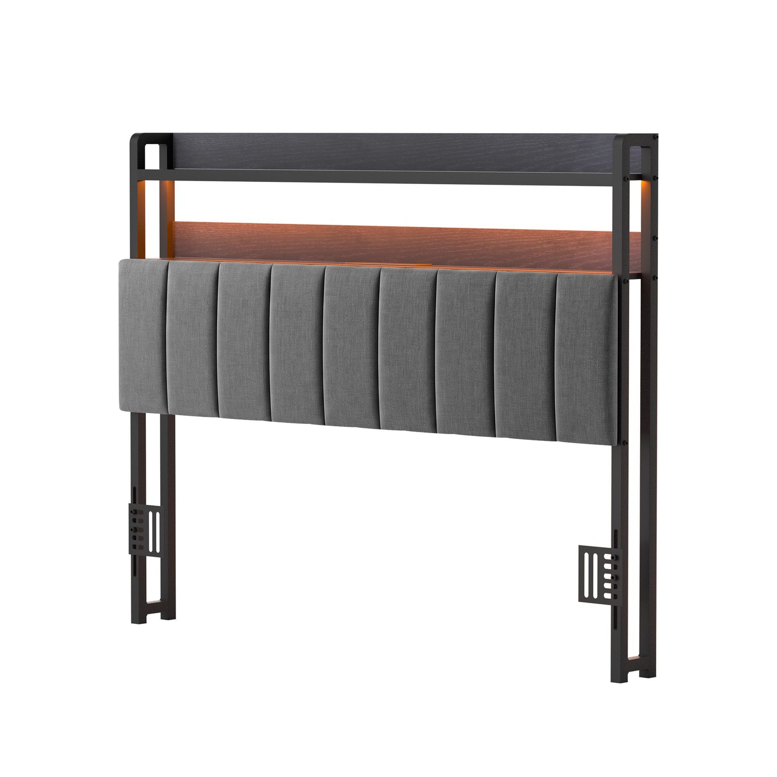 Double Headboard Charging Station Storage LED Light Grey Upholstered