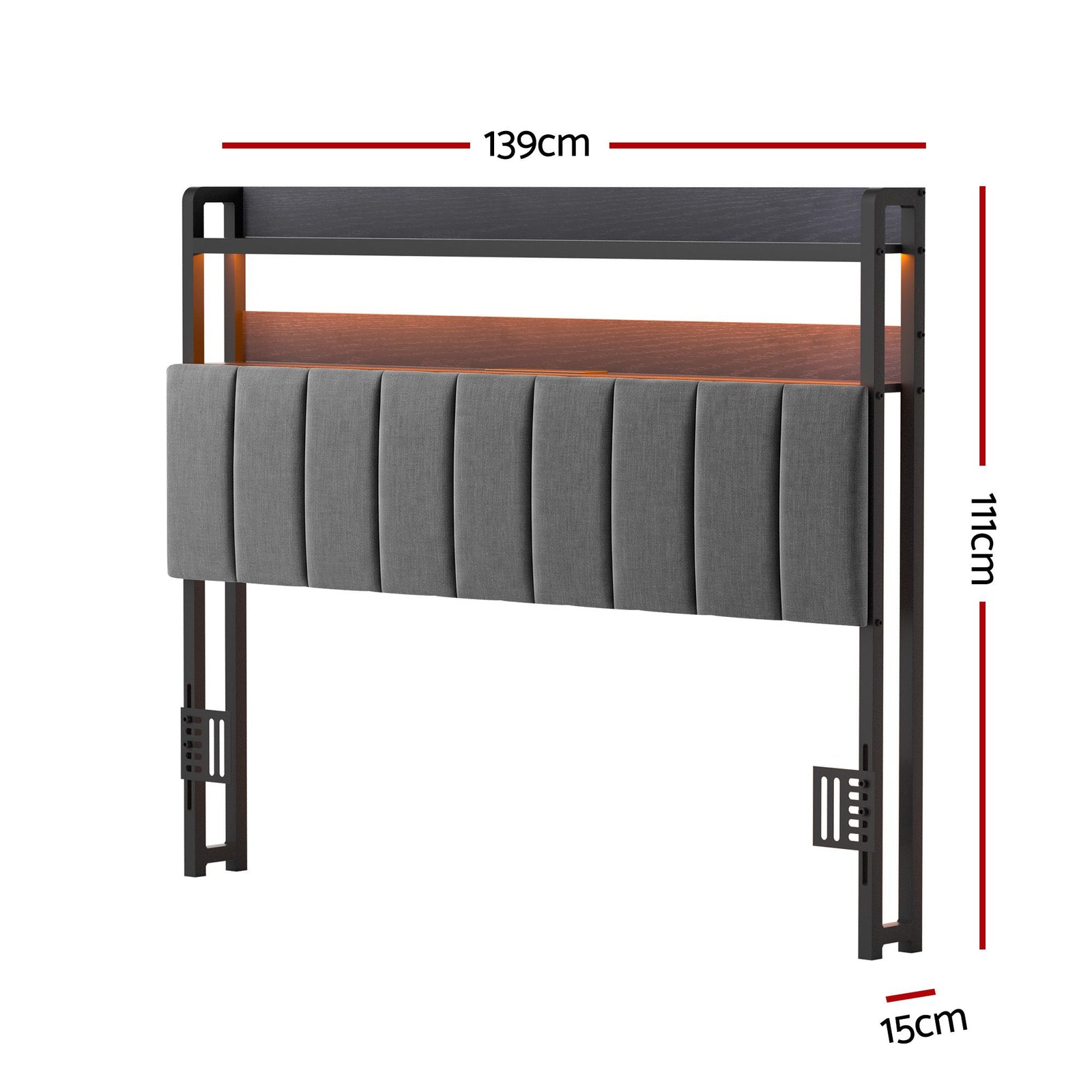 Double Headboard Charging Station Storage LED Light Grey Upholstered