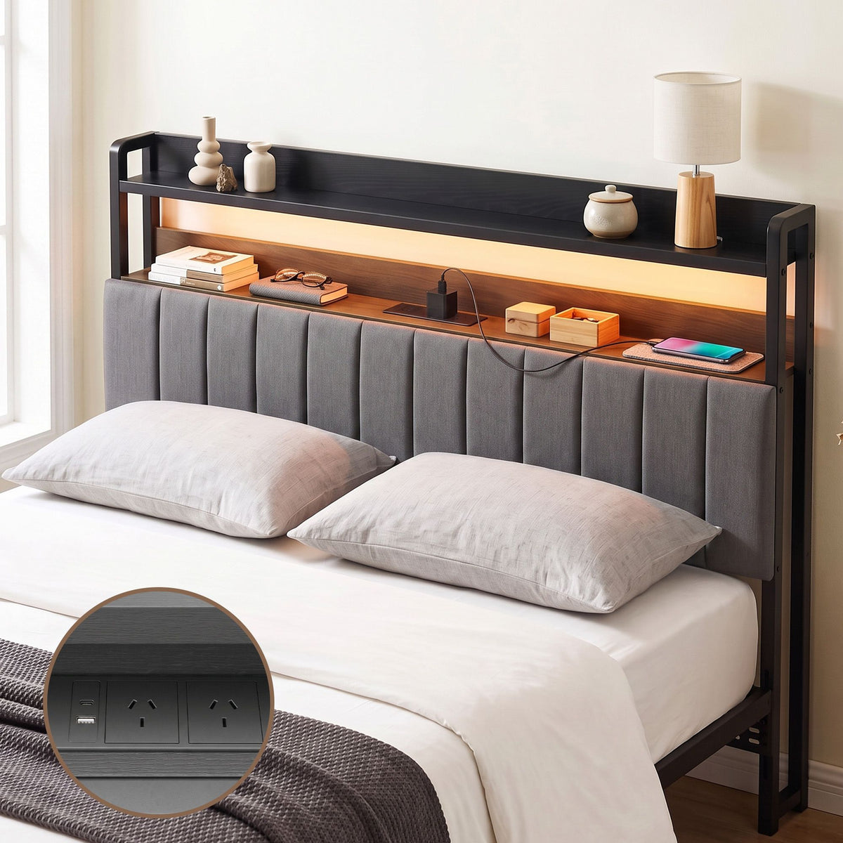 Artiss King Bedhead with Charging Station, Storage Shelves and RGB LED Grey