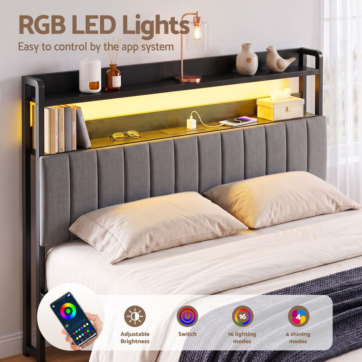 Artiss King Bedhead with Charging Station, Storage Shelves and RGB LED Grey