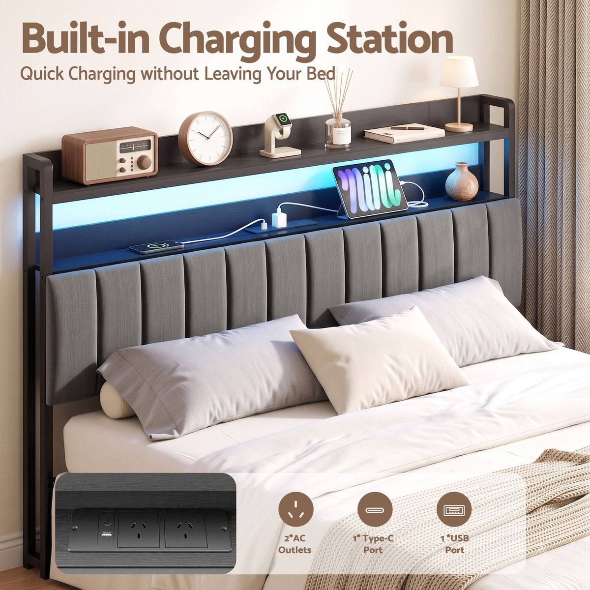 Artiss King Bedhead with Charging Station, Storage Shelves and RGB LED Grey