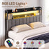 Queen Headboard Charging Station Storage LED Light Grey Upholstered