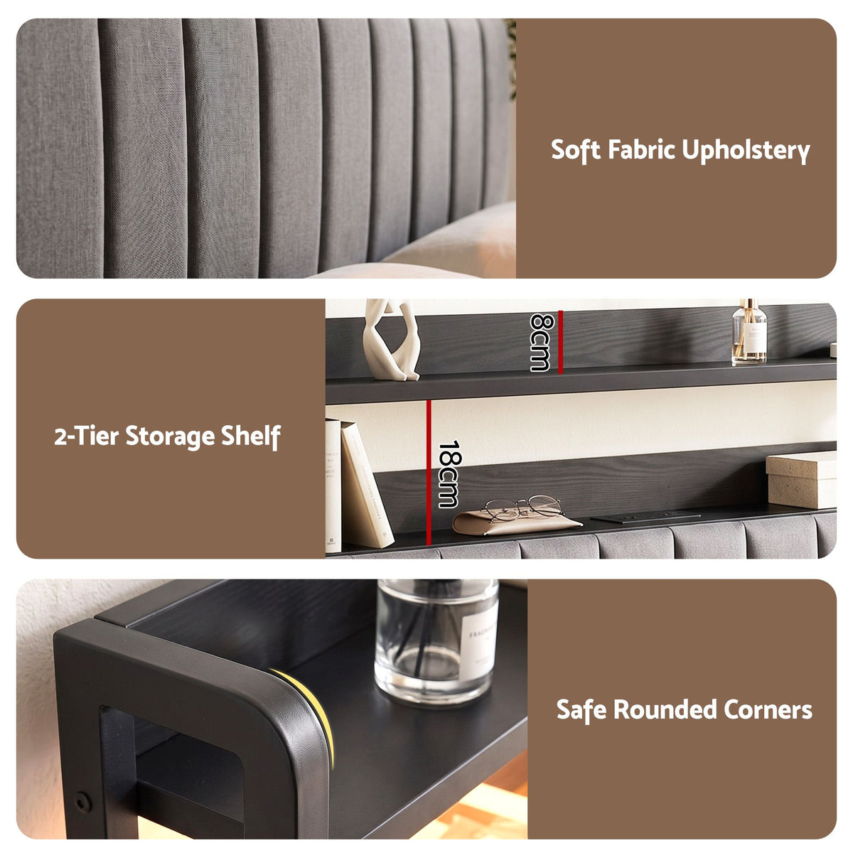Queen Headboard Charging Station Storage LED Light Grey Upholstered