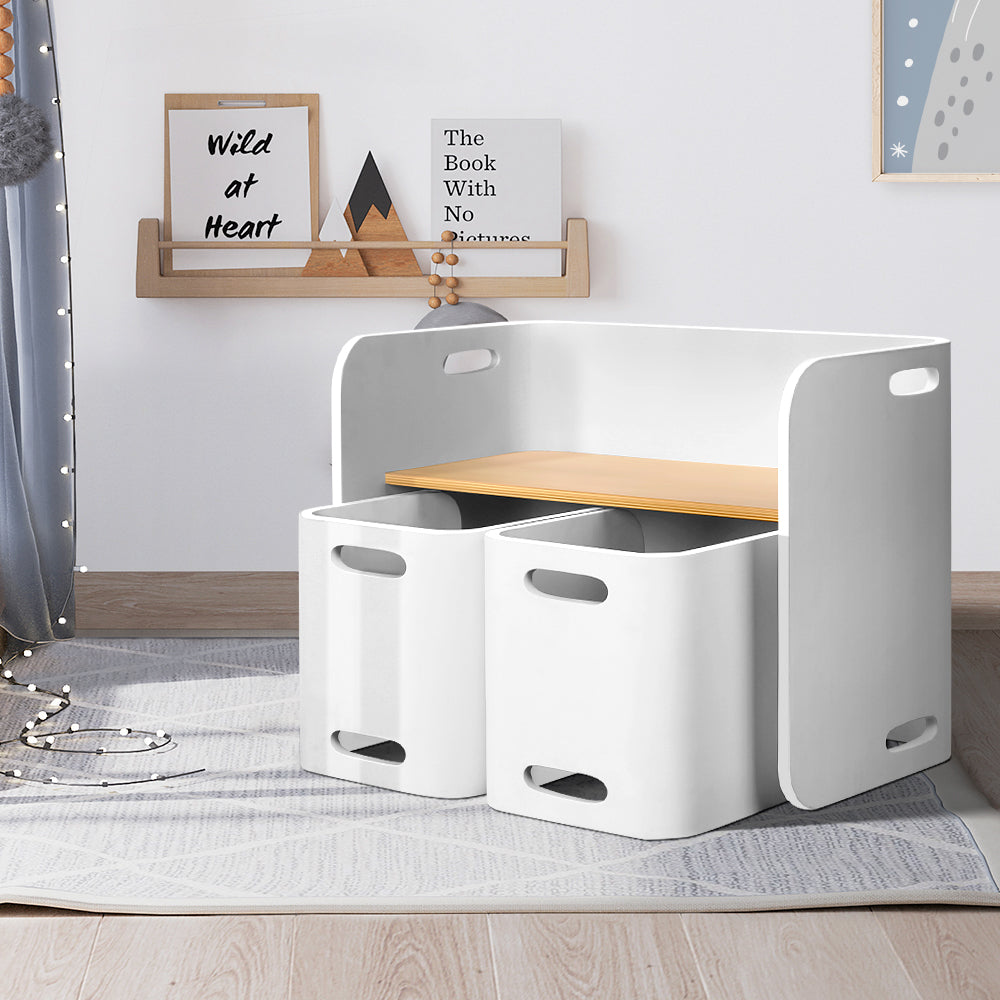 3PCS Kids Table and Chairs Set Multifunctional Storage Desk White