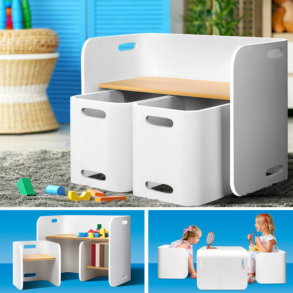 3PCS Kids Table and Chairs Set Multifunctional Storage Desk White