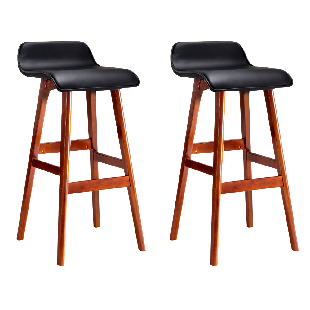 Set of 2 Sliva Bentwood Bar Stools PU Leather Walnut Frame Black Seat Kitchen Counter Chairs