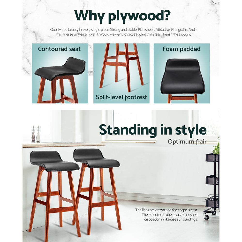 Set of 2 Sliva Bentwood Bar Stools PU Leather Walnut Frame Black Seat Kitchen Counter Chairs